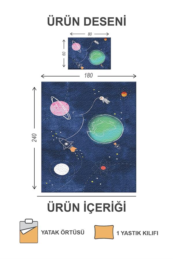 Kapitoneli Pamuk Dolgulu Kadife Kumaş Uzay Desenli Tek Kişilik Çocuk Genç Yatak Örtüsü Seti