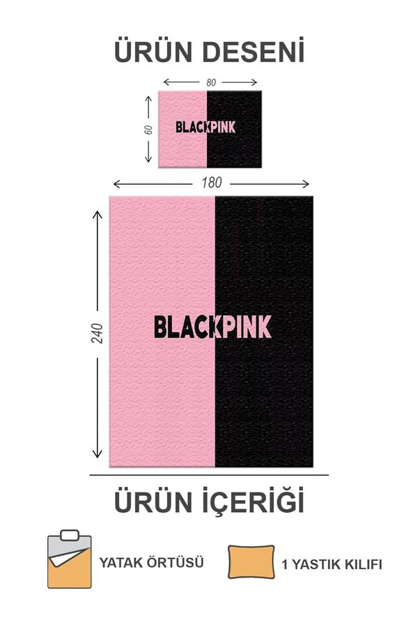 Kapitoneli Pamuk Dolgulu Kadife Kumaş BlackPink Desenli Tek Kişilik Çocuk Genç Yatak Örtüsü Seti