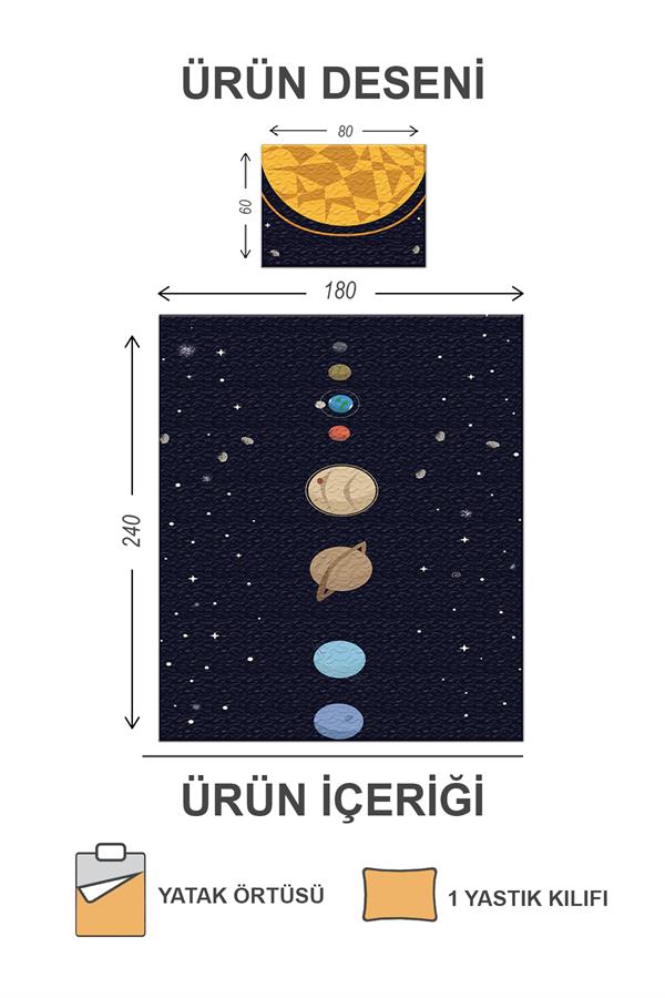 Kapitoneli Pamuk Dolgulu Kadife Kumaş Uzay Desenli Tek Kişilik Çocuk Genç Yatak Örtüsü Seti