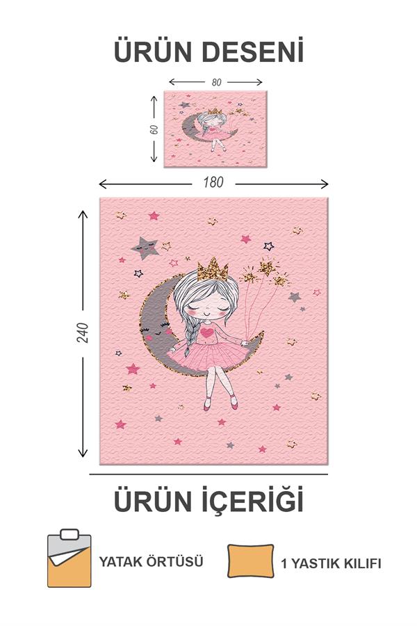 Kapitoneli Pamuk Dolgulu Kadife Kumaş Ay Kız Desenli Tek Kişilik Çocuk Genç Yatak Örtüsü Seti