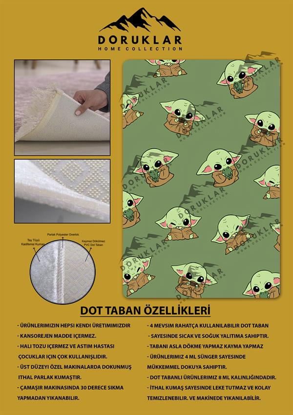 Kaymaz Taban Makinada Yıkanabilir Baby Yoda Desenli Çocuk Halısı