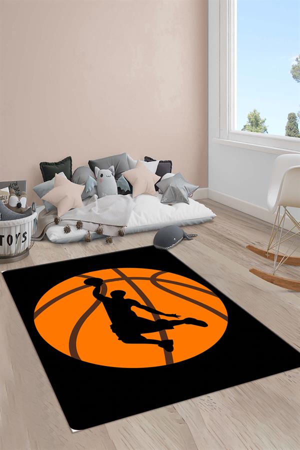 Kaymaz Taban Makinada Yıkanabilir Basketbol Top Desenli Çocuk Halısı