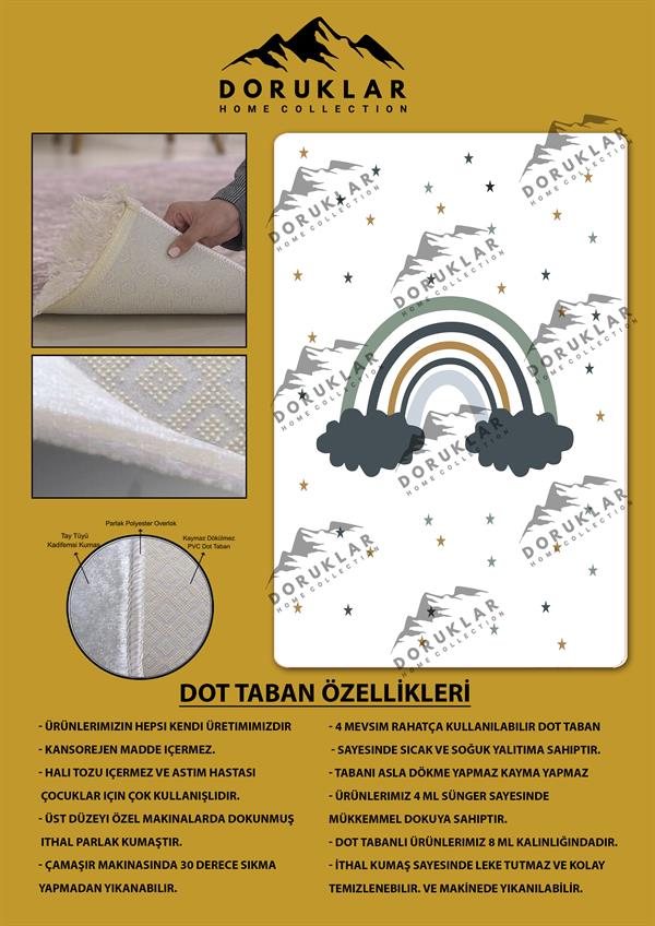 Kaymaz Taban Makinada Yıkanabilir Bulut Gökkuşağı Desenli Çocuk Halısı
