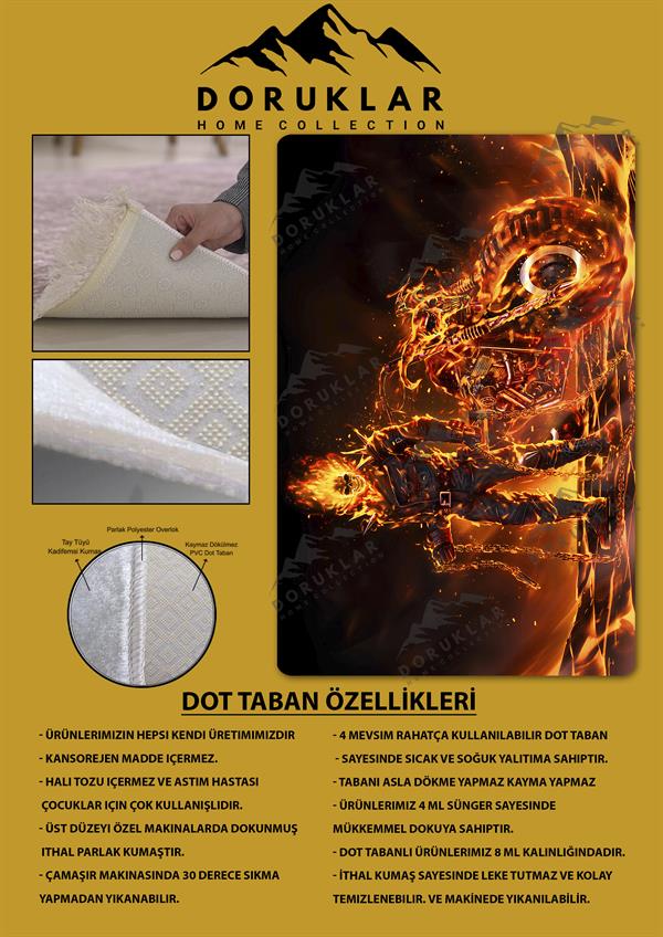 Kaymaz Taban Makinada Yıkanabilir Dijital Baskı Ghost Rider Desenli Genç Odası Halısı Dot Taban Halı GNC61