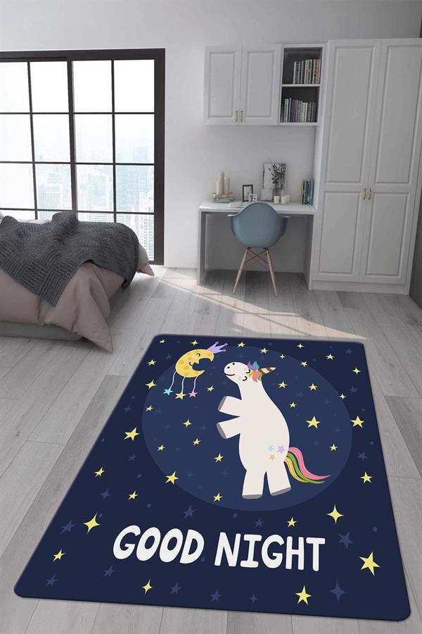 Kaymaz Taban Makinada Yıkanabilir Dijital Baskı Unicorn Desenli Çocuk Odası Halısı Dot Taban Halı