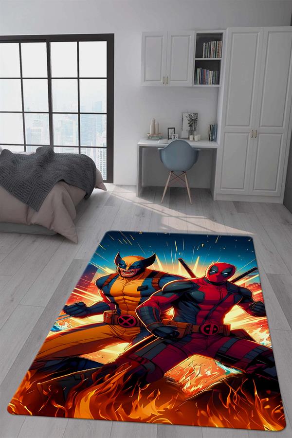 Kaymaz Taban Makinada Yıkanabilir Dijital Baskı Deadpool ve Wolverine Desenli Genç Odası Halısı Dot Taban Halı GNC11