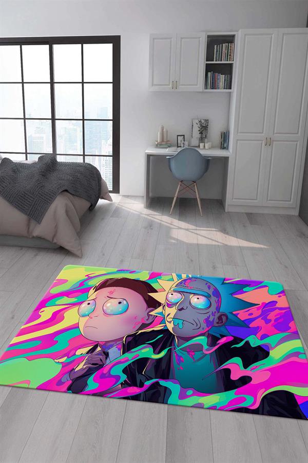 Kaymaz Taban Makinada Yıkanabilir Dijital Baskı Rick and Morty Desenli Çocuk Odası Halısı Dot Taban Halı RM02