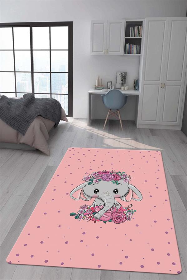 Kaymaz Taban Makinada Yıkanabilir Dijital Baskı Fil Desenli Çocuk Odası Halısı Dot Taban Halı