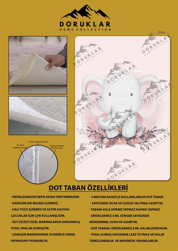 Kaymaz Taban Makinada Yıkanabilir Dijital Baskı Fil Desenli Çocuk Odası Halısı Dot Taban Halı