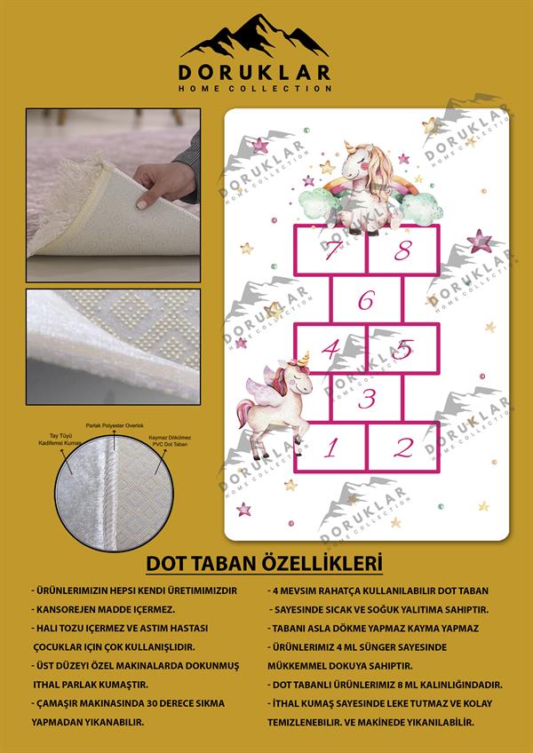 Kaymaz Taban Makinada Yıkanabilir Dijital Baskı Unicorn Seksek Desenli Çocuk Odası Halısı Dot Taban Halı