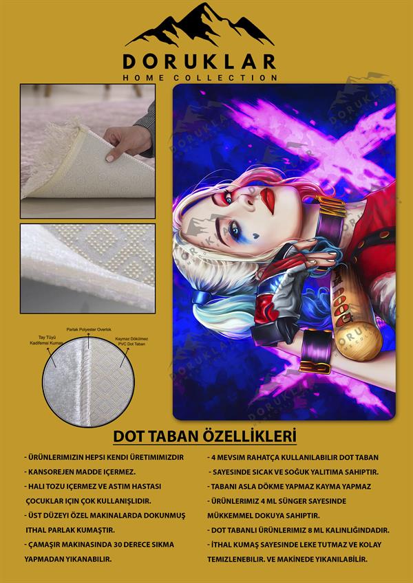Kaymaz Taban Makinada Yıkanabilir Dijital Baskı Harley Quinn Desenli Genç Odası Halısı Dot Taban Halı GNC74