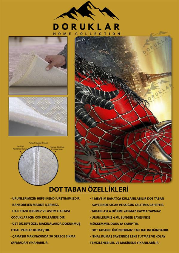 Kaymaz Taban Makinada Yıkanabilir Dijital Baskı Örümcek Adam Desenli Çocuk Odası Halısı Dot Taban Halı BRK04