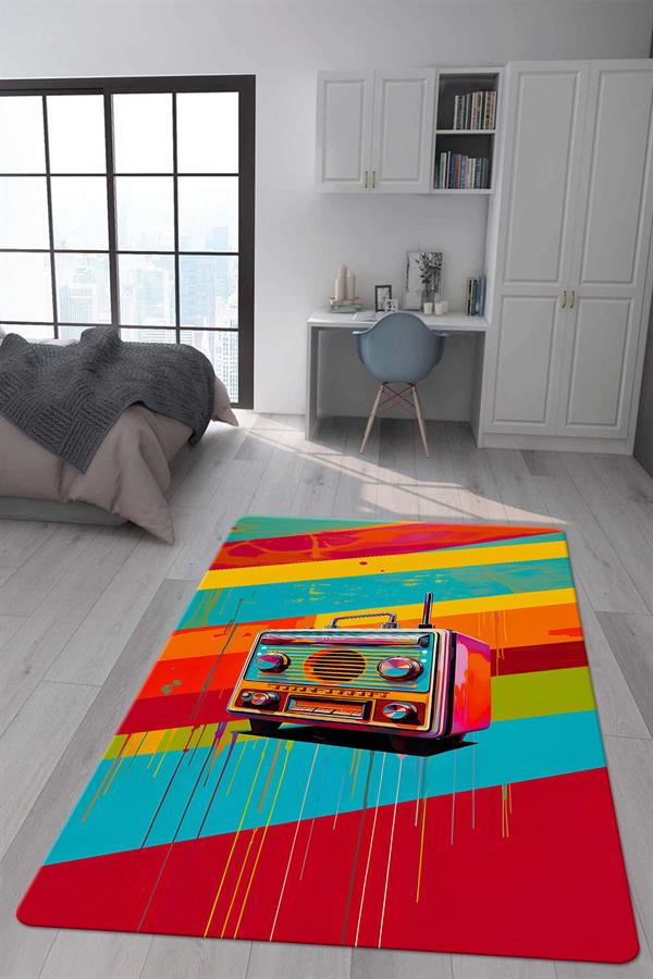 Kaymaz Taban Makinada Yıkanabilir Dijital Baskı Retro Desenli Çocuk Genç Odası Halısı Dot Taban Halı RTR19
