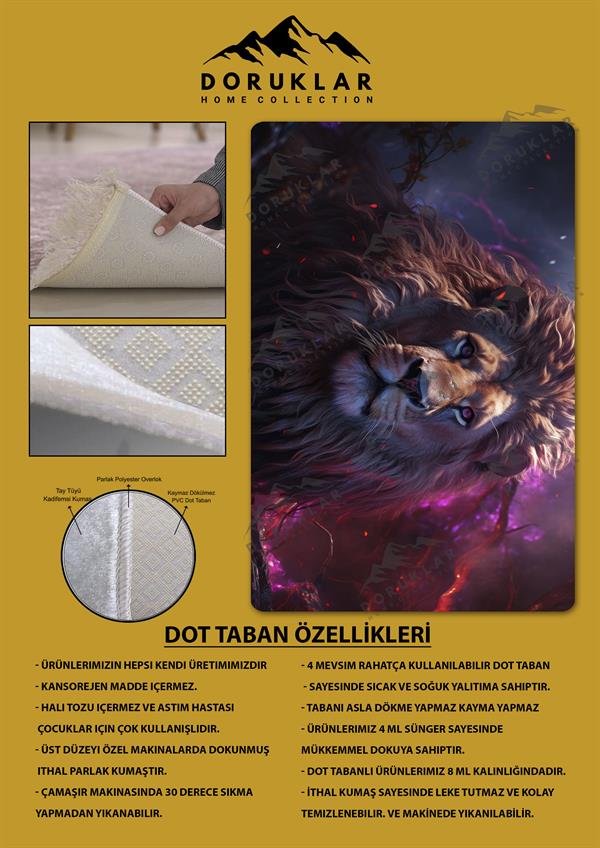 Kaymaz Taban Makinada Yıkanabilir Dijital Baskı Aslan Desenli Genç Odası Halısı
