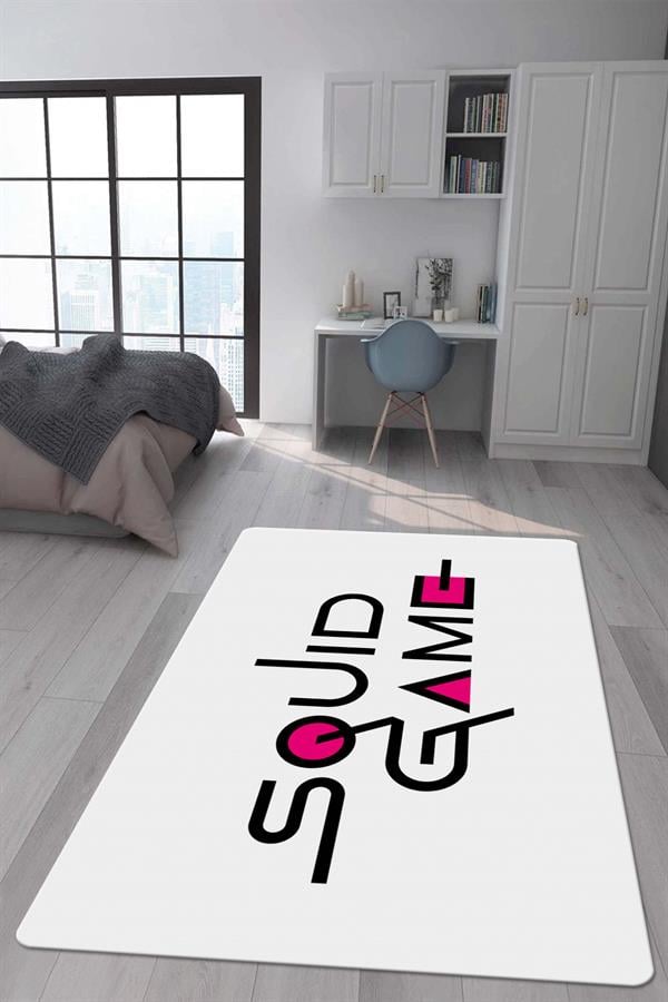 Kaymaz Taban Makinada Yıkanabilir Dijital Baskı Squid Game Desenli Genç Odası Halısı Dot Taban Halı