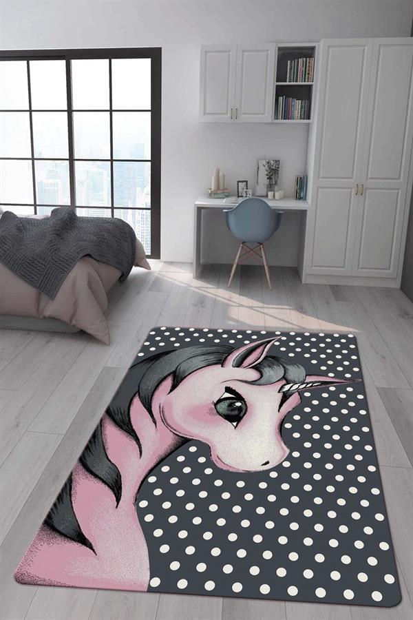 Kaymaz Taban Makinada Yıkanabilir Dijital Baskı Pembe Unicorn Desenli Çocuk Odası Halısı Dot Taban Halı