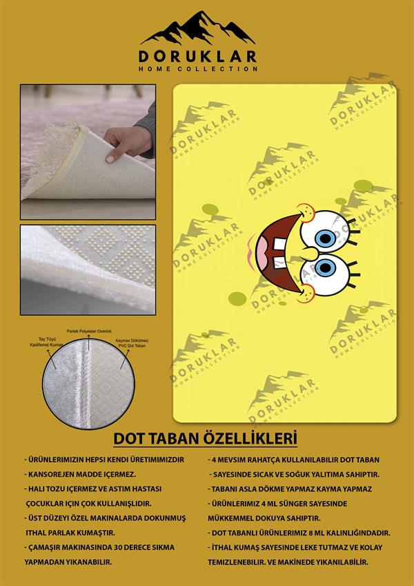 Kaymaz Taban Makinada Yıkanabilir Dijital Baskı Sünger Bob Desenli Çocuk Halısı