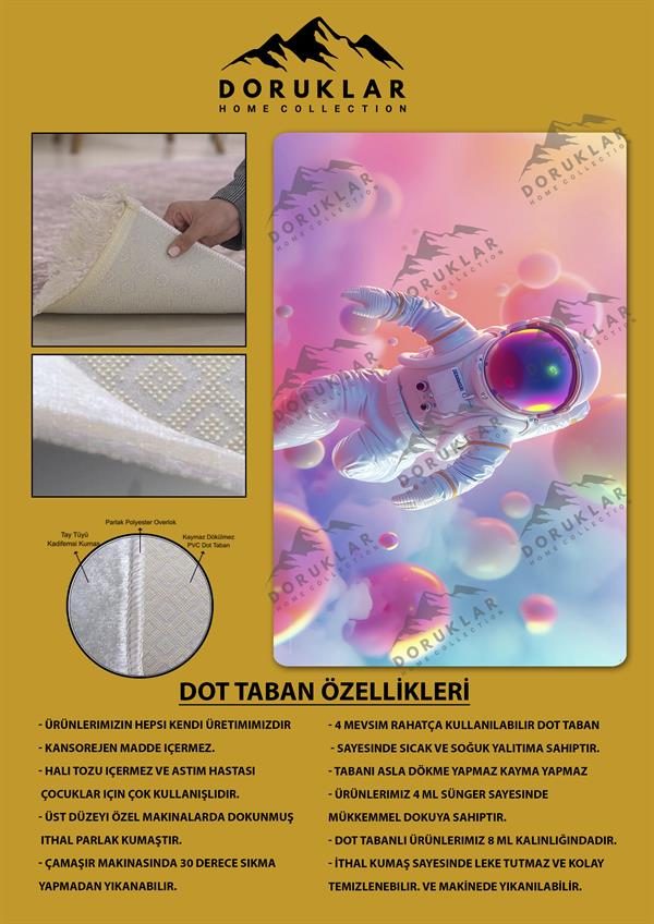 Kaymaz Taban Makinada Yıkanabilir Dijital Baskı Astronot Desenli Genç Odası Halısı