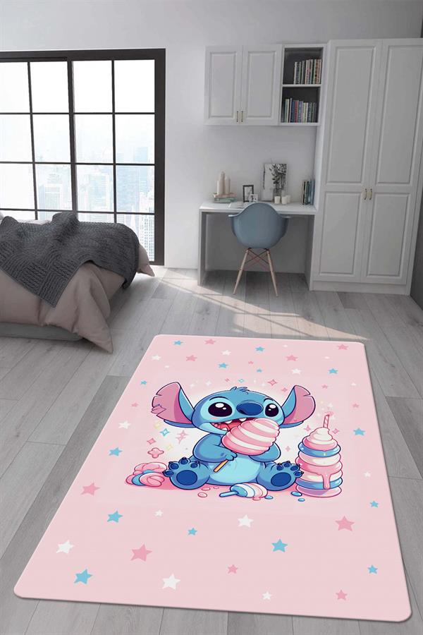 Kaymaz Taban Makinada Yıkanabilir Dijital Baskı Stitch Desenli Çocuk Odası Halısı Dot Taban Halı 0011