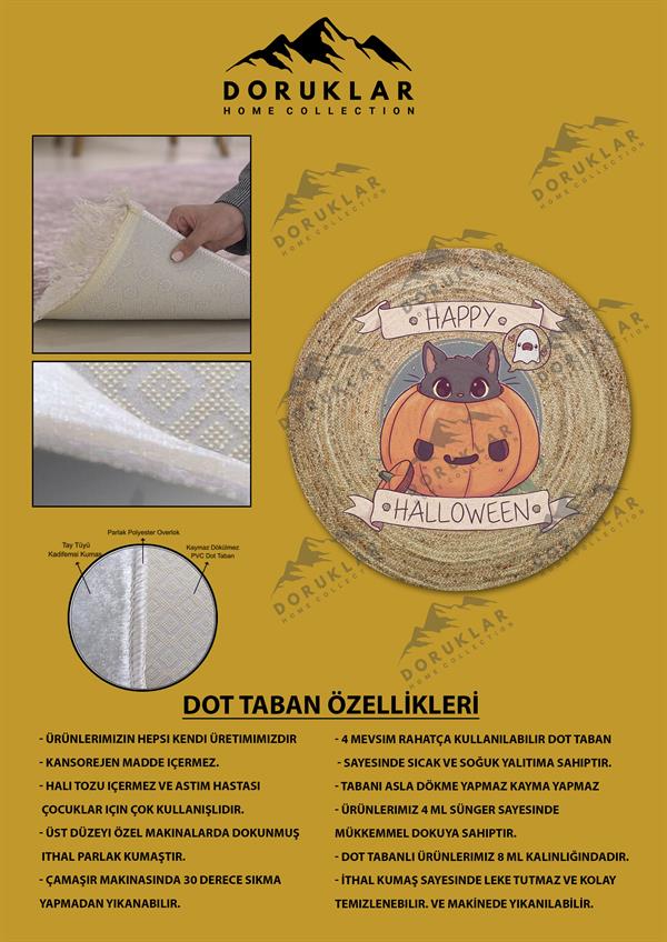 Kaymaz Taban Makinada Yıkanabilir Dijital Baskı Cadılar Bayramı Desenli Genç Odası Halısı Dot Taban Halı
