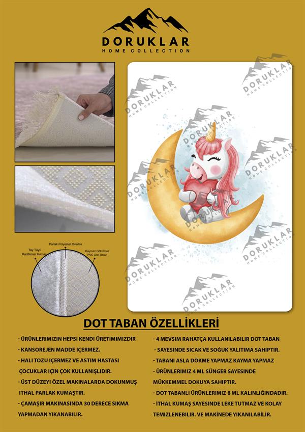 Kaymaz Taban Makinada Yıkanabilir Dijital Baskı Unicorn Desenli Çocuk Odası Halısı Dot Taban Halı RB08