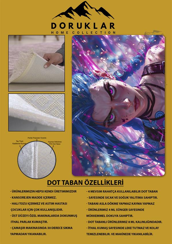Kaymaz Taban Makinada Yıkanabilir Dijital Baskı Arcane Jinx Desenli Genç Odası Halısı Dot Taban Halı