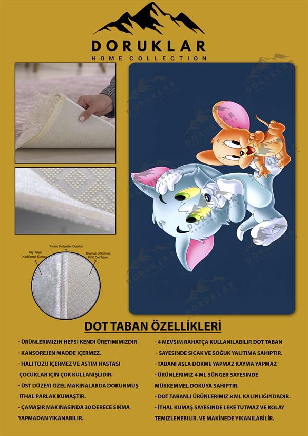 Kaymaz Taban Makinada Yıkanabilir Dijital Baskı Tom ve Jerry Desenli Genç Odası Halısı Dot Taban Halı GNC64