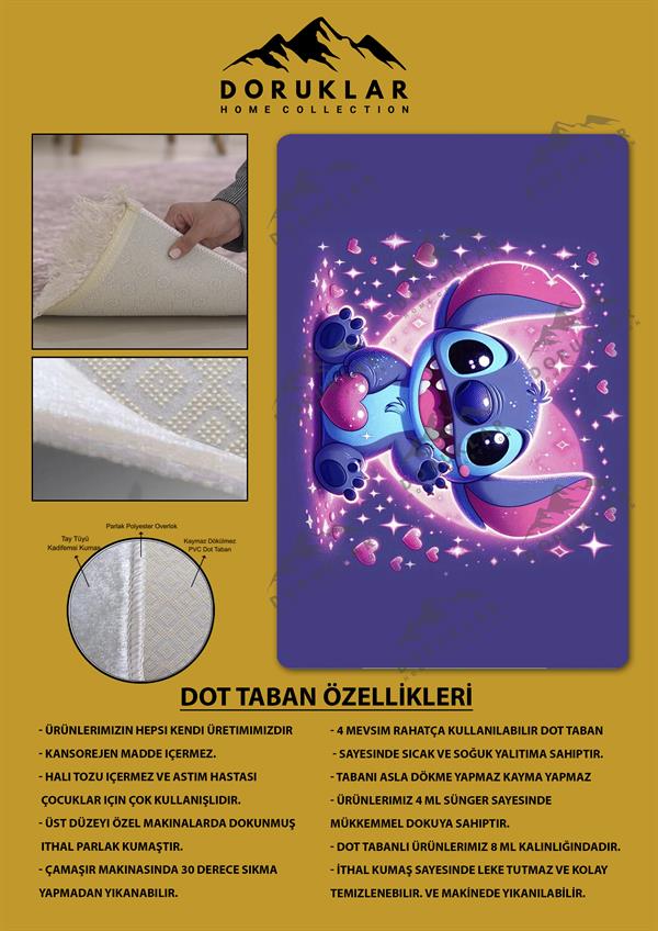 Kaymaz Taban Makinada Yıkanabilir Dijital Baskı Stitch Desenli Çocuk Odası Halısı Dot Taban Halı 0004