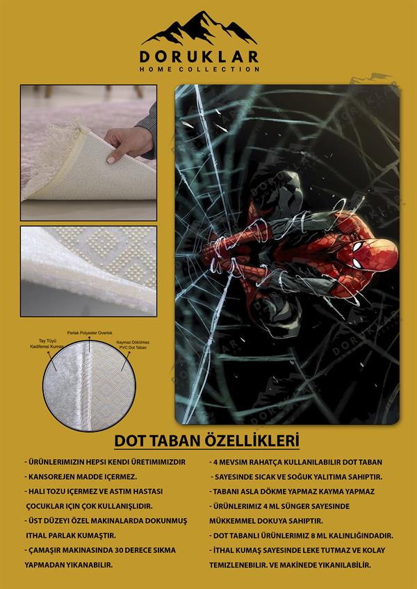Kaymaz Taban Makinada Yıkanabilir Dijital Baskı SpiderMan Desenli Genç Odası Halısı