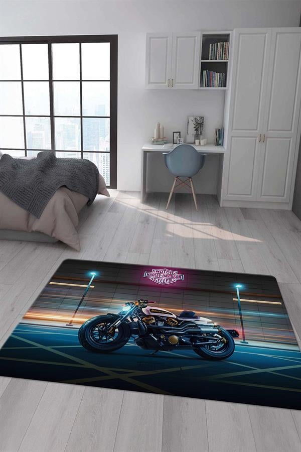 Kaymaz Taban Makinada Yıkanabilir Dijital Baskı Harley Davidson Desenli Çocuk Halısı