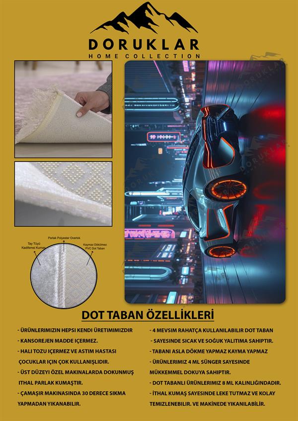 Kaymaz Taban Makinada Yıkanabilir Dijital Baskı Araba Desenli Genç Odası Halısı Dot Taban Halı GNC30