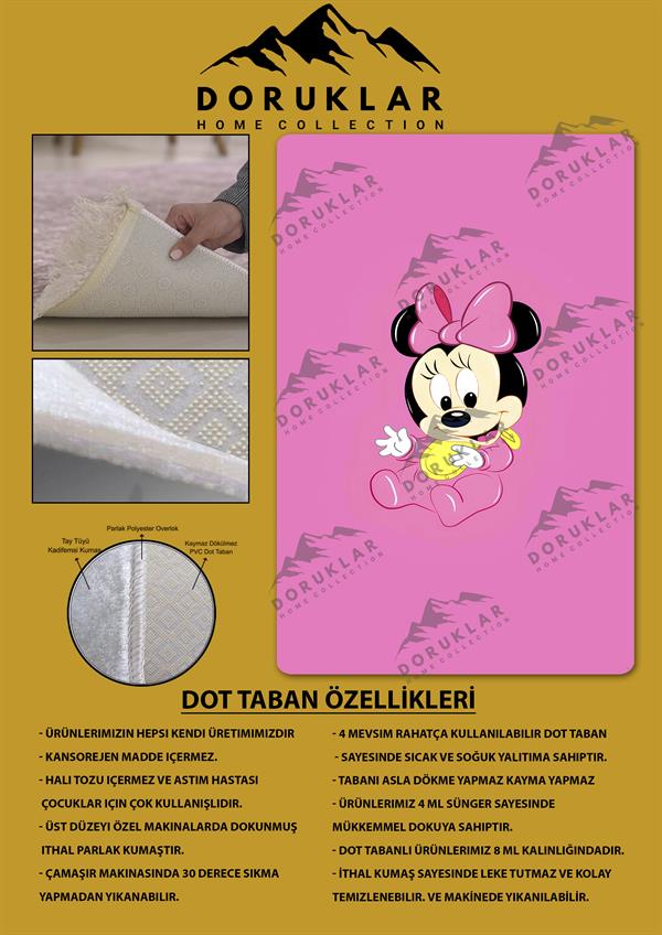 Kaymaz Taban Makinada Yıkanabilir Dijital Baskı Minnie Mouse Desenli Genç Odası Halısı Dot Taban Halı GNC45
