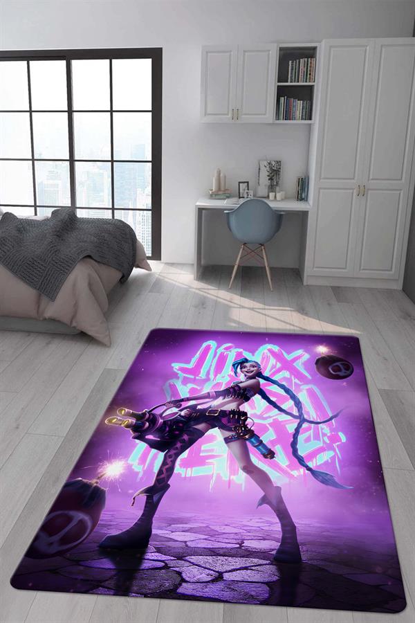 Kaymaz Taban Makinada Yıkanabilir Dijital Baskı Arcane Jinx Desenli Genç Odası Halısı Dot Taban Halı