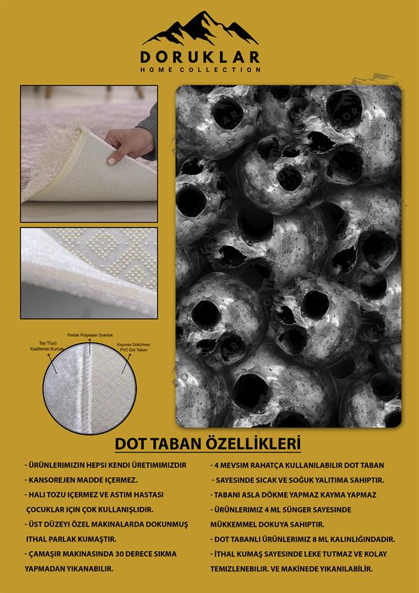 Kaymaz Taban Makinada Yıkanabilir Dijital Baskı Kuru Kafa Desenli Genç Odası Halısı