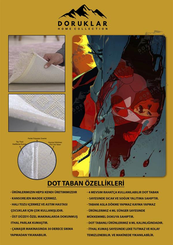 Kaymaz Taban Makinada Yıkanabilir Dijital Baskı Invincible Desenli Çocuk Odası Halısı Dot Taban Halı IC05