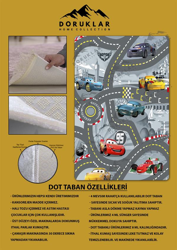 Kaymaz Taban Makinada Yıkanabilir Dijital Baskı Mcqueen Yol Desenli Çocuk Odası Halısı Dot Taban Halı