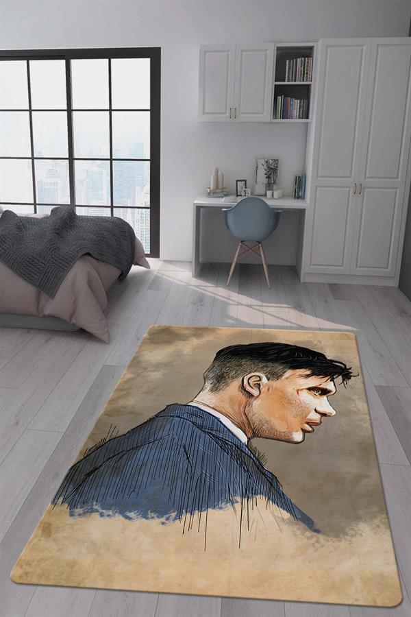 Kaymaz Taban Makinada Yıkanabilir Dijital Baskı Thomas Shelby Desenli Genç Odası Halısı Dot Taban Halı GNC37