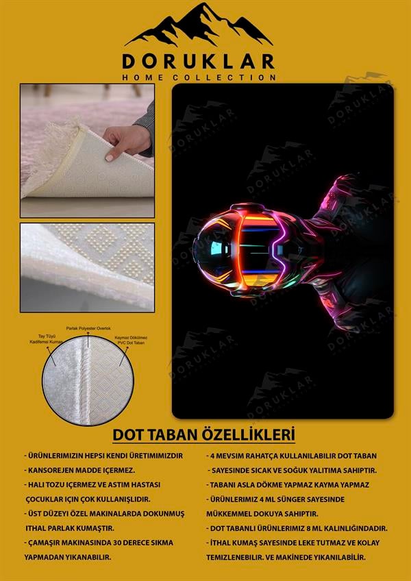 Kaymaz Taban Makinada Yıkanabilir Dijital Baskı Neon Kask Desenli Çocuk Odası Halısı Dot Taban Halı RHR04