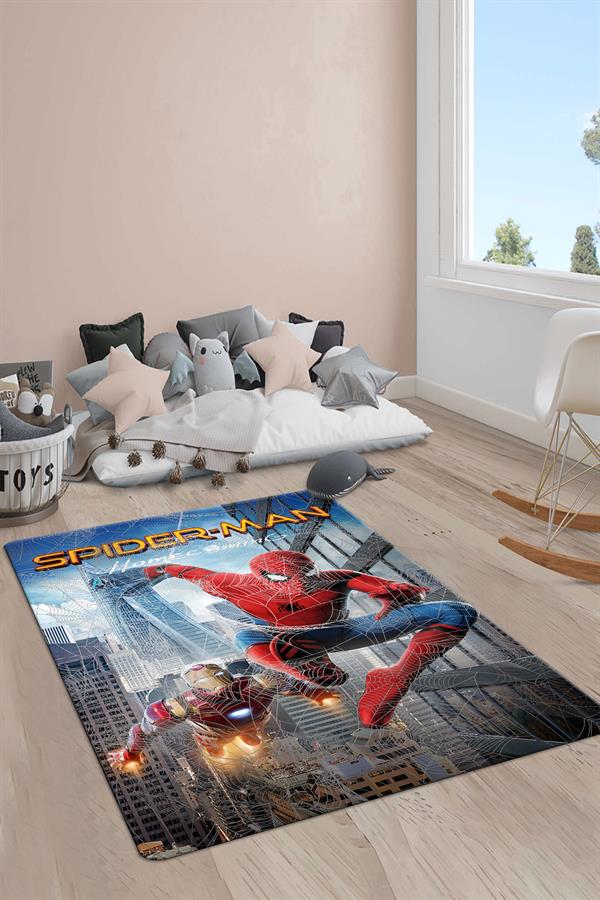 Kaymaz Taban Makinada Yıkanabilir Dijital Baskı Spiderman Desenli Çocuk Odası Halısı Dot Taban Halı