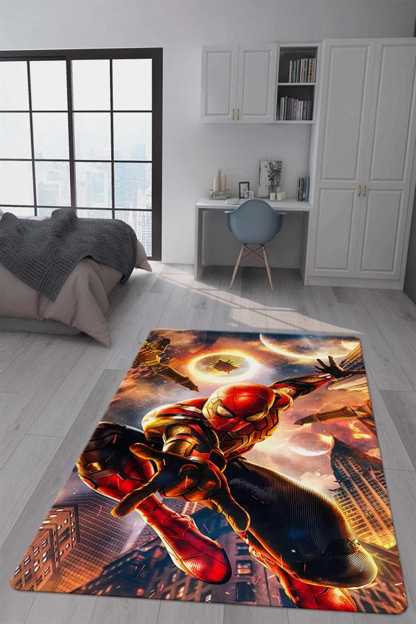 Kaymaz Taban Makinada Yıkanabilir Dijital Baskı Spiderman Desenli Genç Odası Halısı Dot Taban Halı GNC04