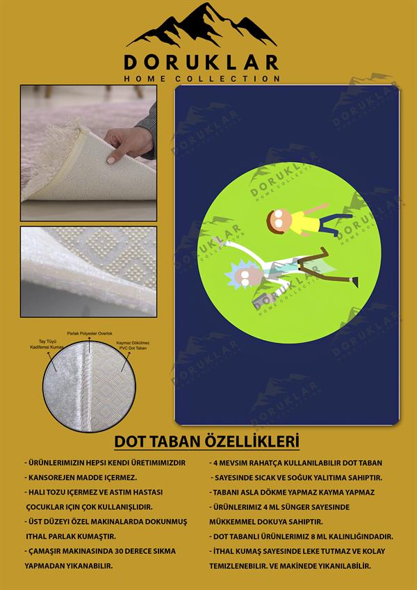 Kaymaz Taban Makinada Yıkanabilir Dijital Baskı Rick and Morty Desenli Genç Odası Halısı Dot Taban Halı GNC57