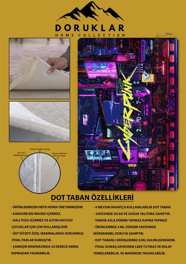 Kaymaz Taban Makinada Yıkanabilir Dijital Baskı Cyperpunk Desenli Çocuk Odası Halısı Dot Taban Halı RHR10