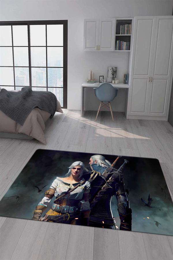 Kaymaz Taban Makinada Yıkanabilir Dijital Baskı Witcher Desenli Genç Odası Halısı Dot Taban Halı GNC71