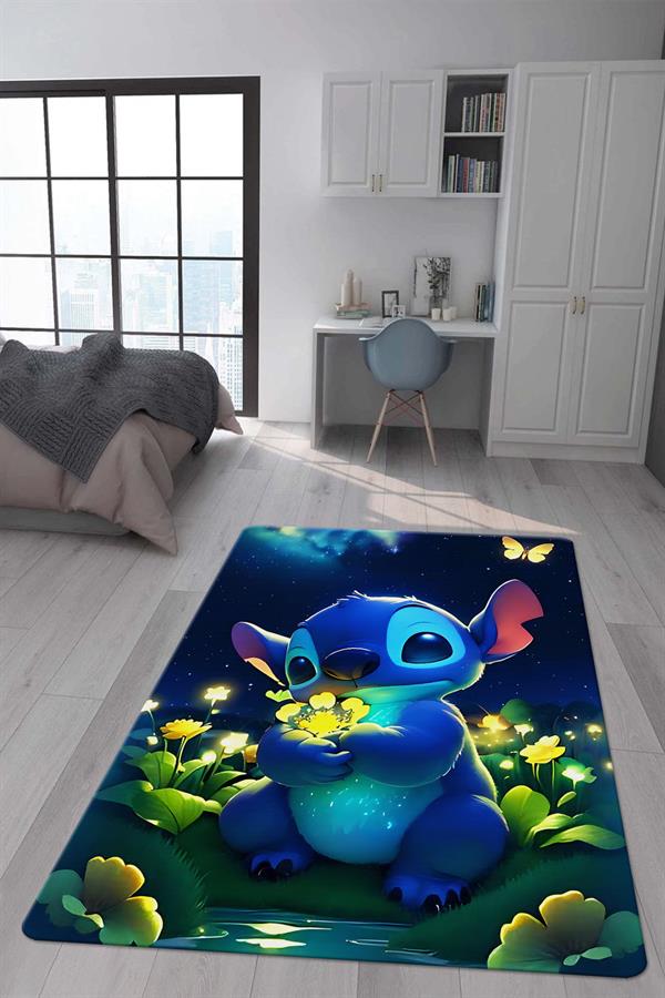Kaymaz Taban Makinada Yıkanabilir Dijital Baskı Stitch Desenli Çocuk Odası Halısı Dot Taban Halı 0007