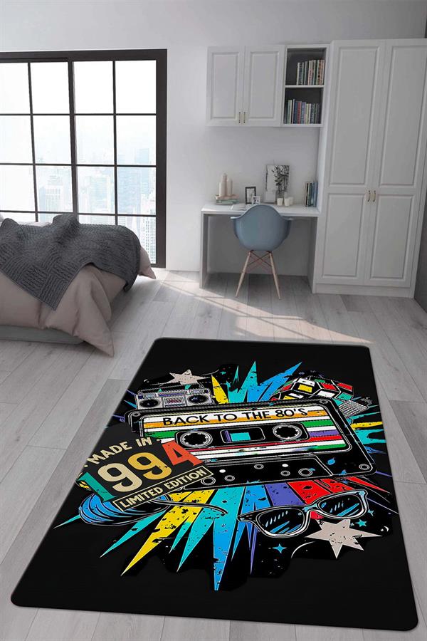 Kaymaz Taban Makinada Yıkanabilir Dijital Baskı Retro Desenli Çocuk Genç Odası Halısı Dot Taban Halı RTR04