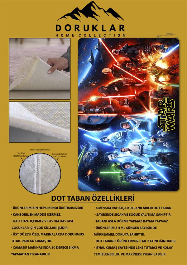 Kaymaz Taban Makinada Yıkanabilir Dijital Baskı Star Wars Desenli Genç Odası Halısı Dot Taban Halı GNC72