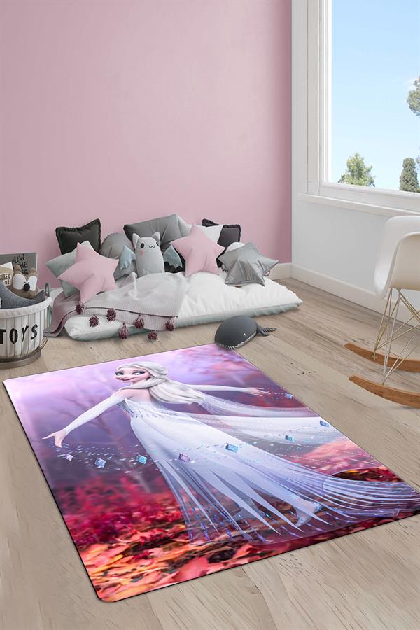 Kaymaz Taban Makinada Yıkanabilir Dijital Baskı Elsa Frozen Desenli Çocuk Odası Halısı Dot Taban Halı