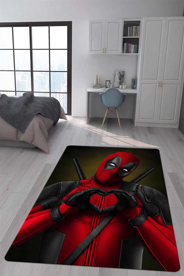 Kaymaz Taban Makinada Yıkanabilir Dijital Baskı Deadpool Desenli Genç ve Çocuk Odası Halısı Dot Taban Hal