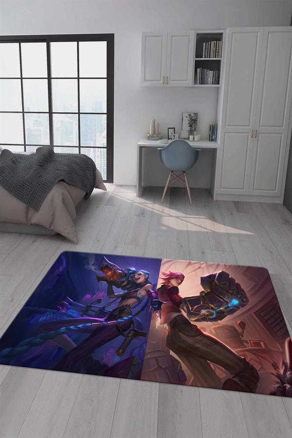 Kaymaz Taban Makinada Yıkanabilir Dijital Baskı Arcane Jinx ve Vi Desenli Çocuk Odası Halısı Dot Taban Halı ARC10