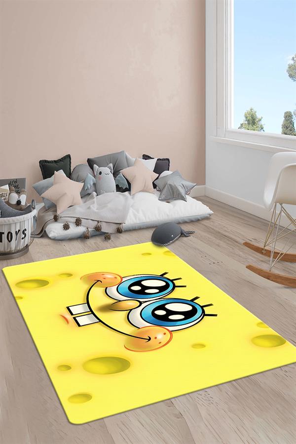 Kaymaz Taban Makinada Yıkanabilir Dijital Baskı Sünger Bob Desenli Çocuk Halısı